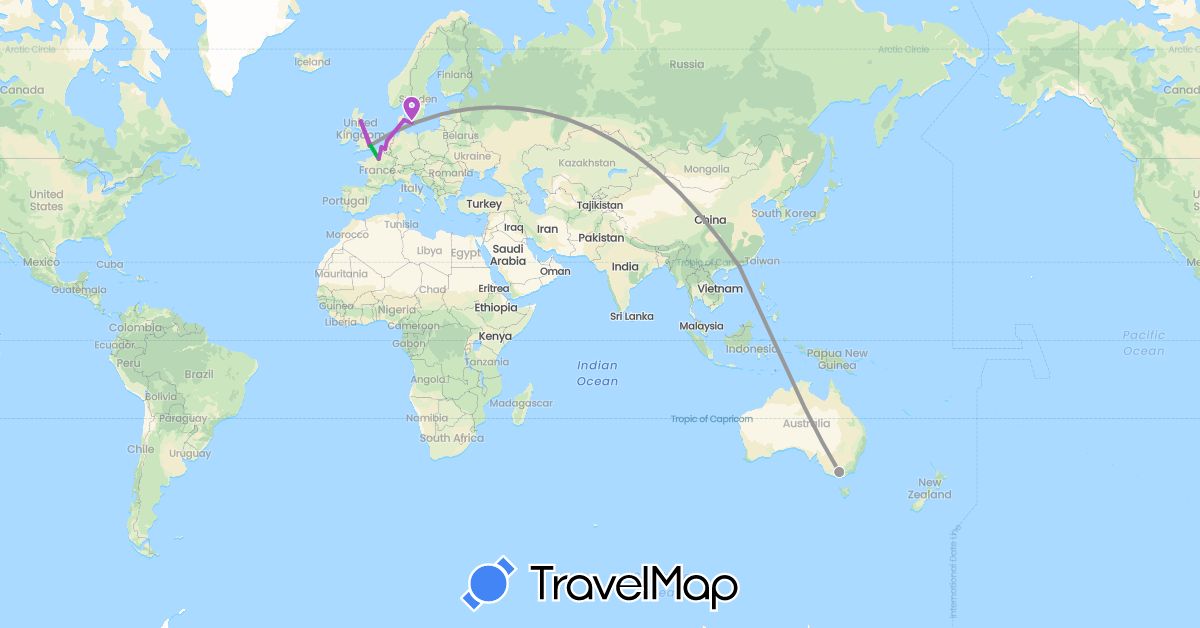 TravelMap itinerary: driving, bus, plane, train in Australia, Belgium, Denmark, France, United Kingdom, Hong Kong, Netherlands (Asia, Europe, Oceania)